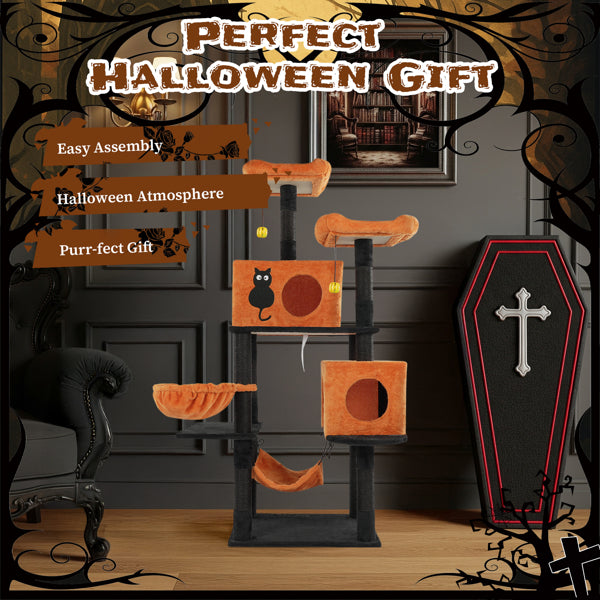 Halloween Cat Tree, Large Cat Tower With 2 Spacious Cat Condos, 2 Padded Perches, 2 Hammocks, Scratching Posts, Hanging Toy, Multi-level Cat Activities Furniture For Large Cats, Orange & Black - Image 9