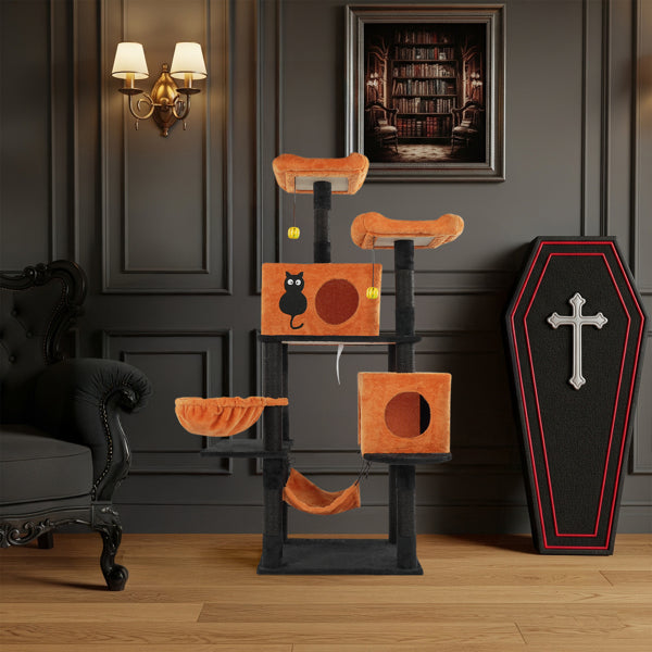 Halloween Cat Tree, Large Cat Tower With 2 Spacious Cat Condos, 2 Padded Perches, 2 Hammocks, Scratching Posts, Hanging Toy, Multi-level Cat Activities Furniture For Large Cats, Orange & Black - Image 10