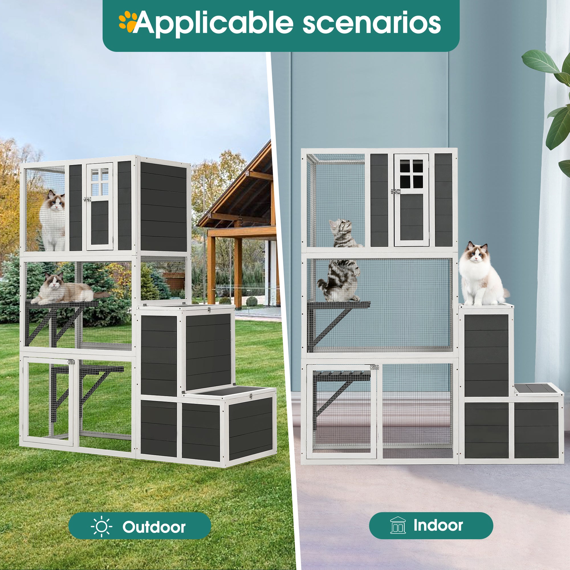 3-Tier Wooden Outdoor & Indoor Cat House Suitable For 1-3 Cats Cat Enclosure Resting Box With 4 Platforms And 2 Doors Cat Shelter Kitty House With A Jump Box For Hiding And Resting Cat Cage 71"H-Gray - Image 2