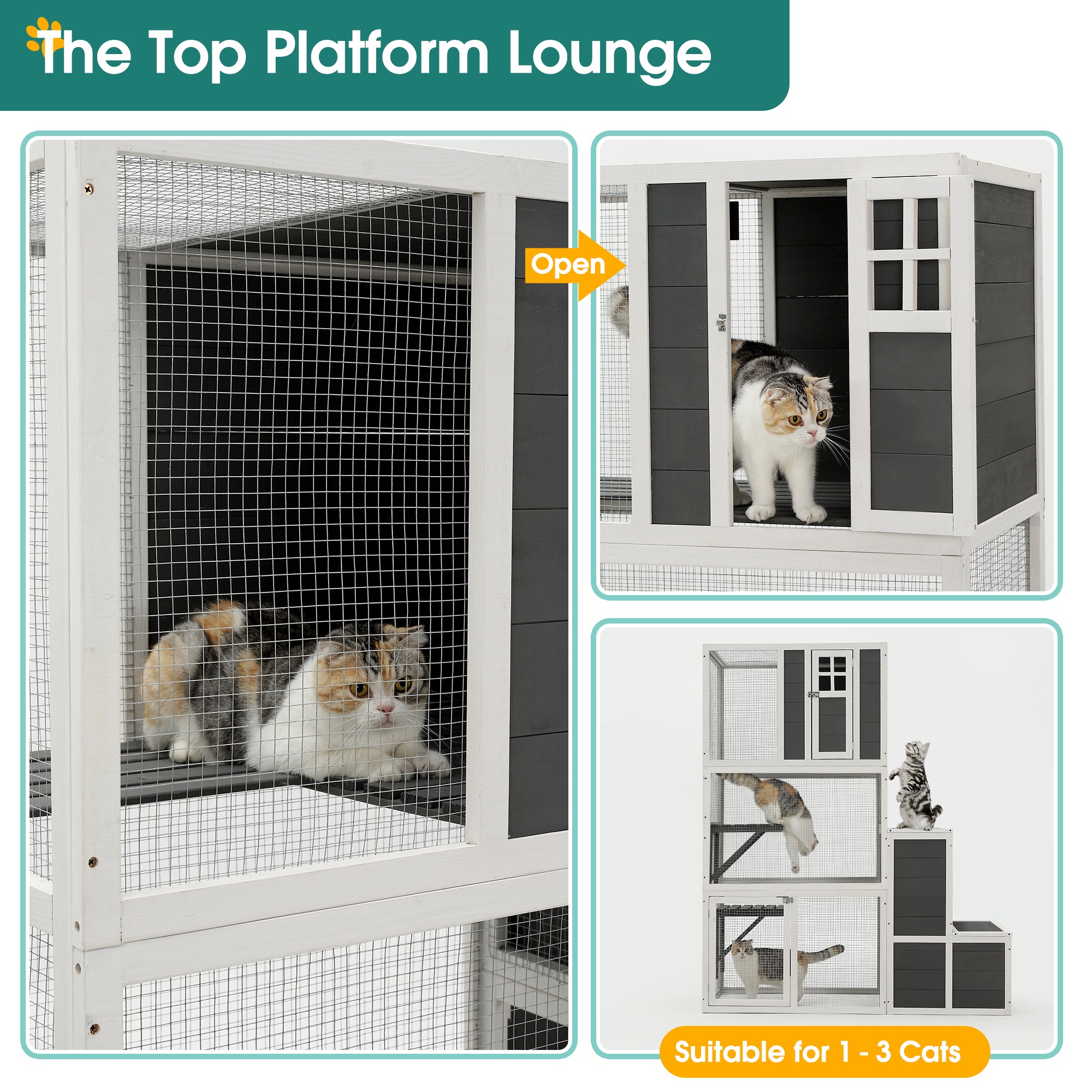 3-Tier Wooden Outdoor & Indoor Cat House Suitable For 1-3 Cats Cat Enclosure Resting Box With 4 Platforms And 2 Doors Cat Shelter Kitty House With A Jump Box For Hiding And Resting Cat Cage 71"H-Gray - Image 6