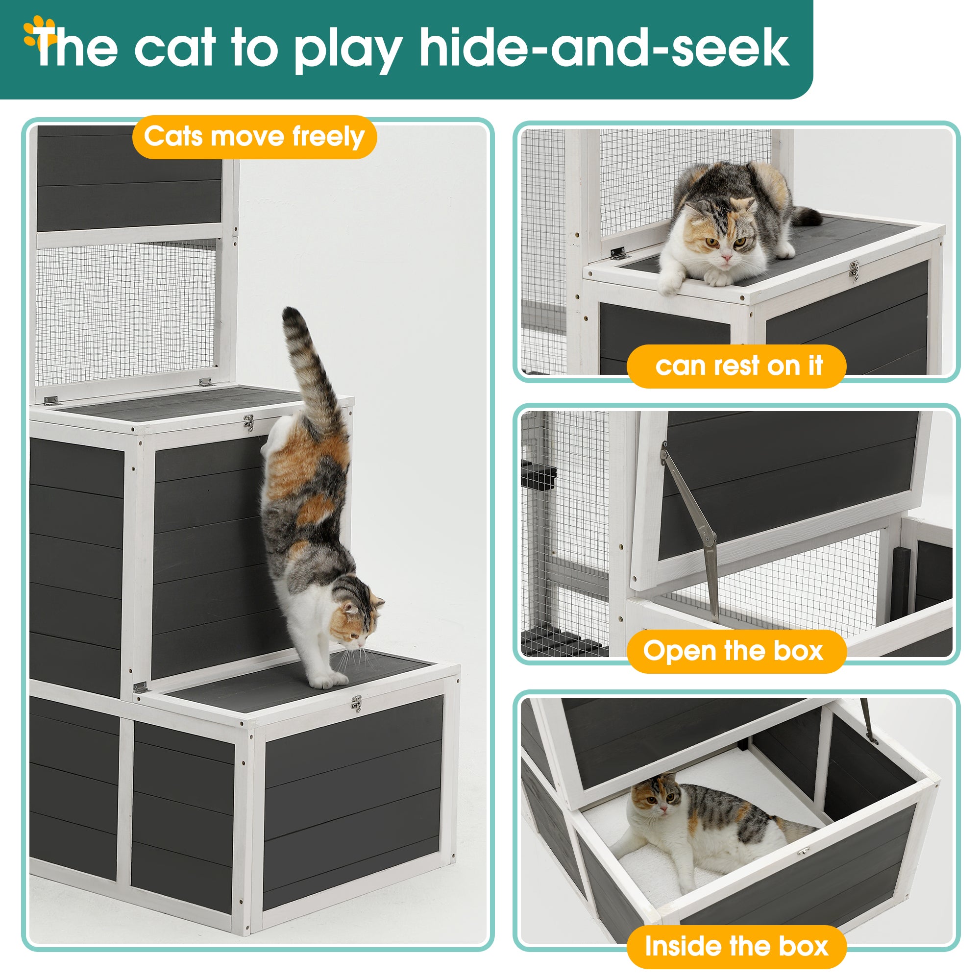 3-Tier Wooden Outdoor & Indoor Cat House Suitable For 1-3 Cats Cat Enclosure Resting Box With 4 Platforms And 2 Doors Cat Shelter Kitty House With A Jump Box For Hiding And Resting Cat Cage 71"H-Gray - Image 4