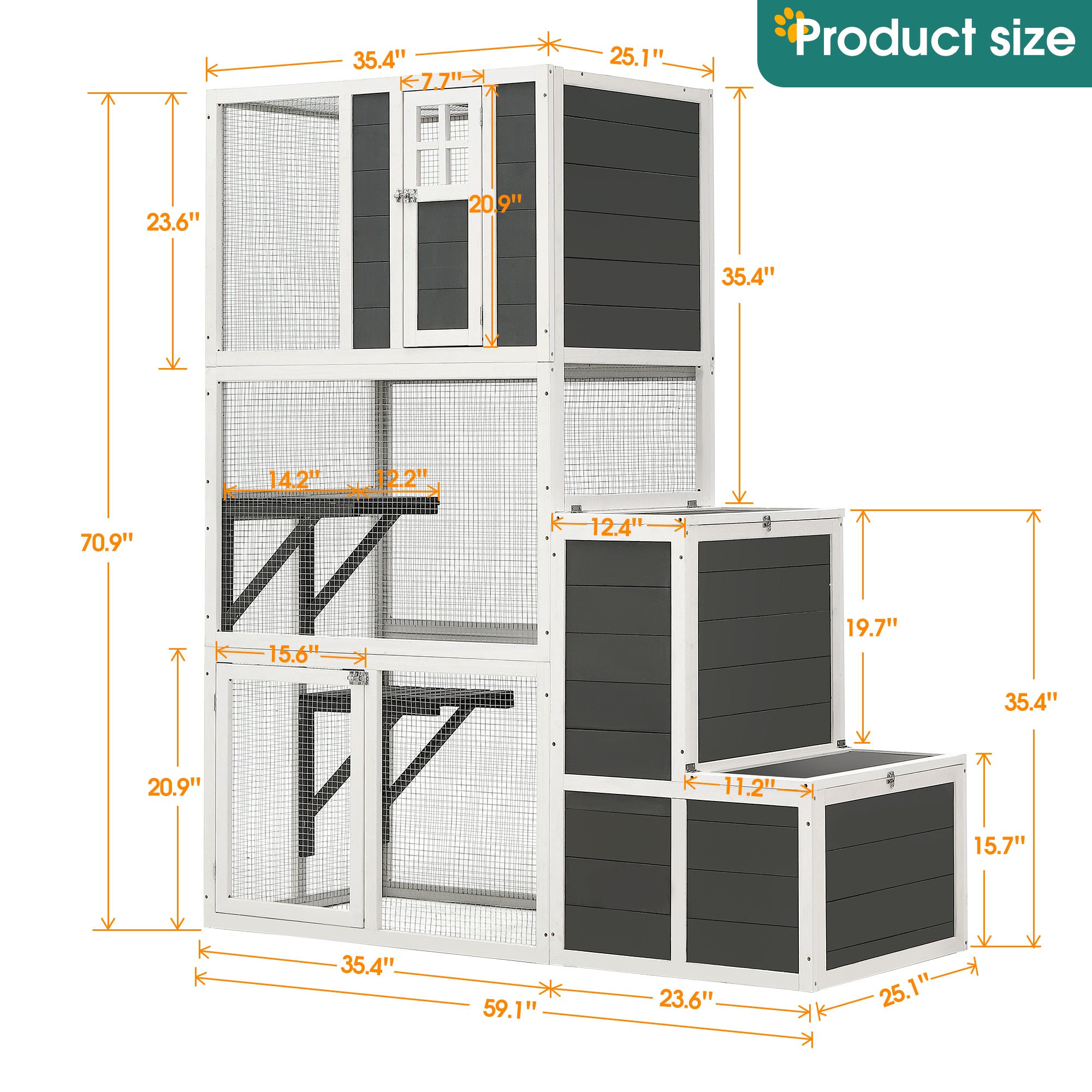 3-Tier Wooden Outdoor & Indoor Cat House Suitable For 1-3 Cats Cat Enclosure Resting Box With 4 Platforms And 2 Doors Cat Shelter Kitty House With A Jump Box For Hiding And Resting Cat Cage 71"H-Gray - Image 7