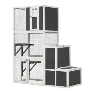 3-Tier Wooden Outdoor & Indoor Cat House Suitable For 1-3 Cats Cat Enclosure Resting Box With 4 Platforms And 2 Doors Cat Shelter Kitty House With A Jump Box For Hiding And Resting Cat Cage 71"H-Gray