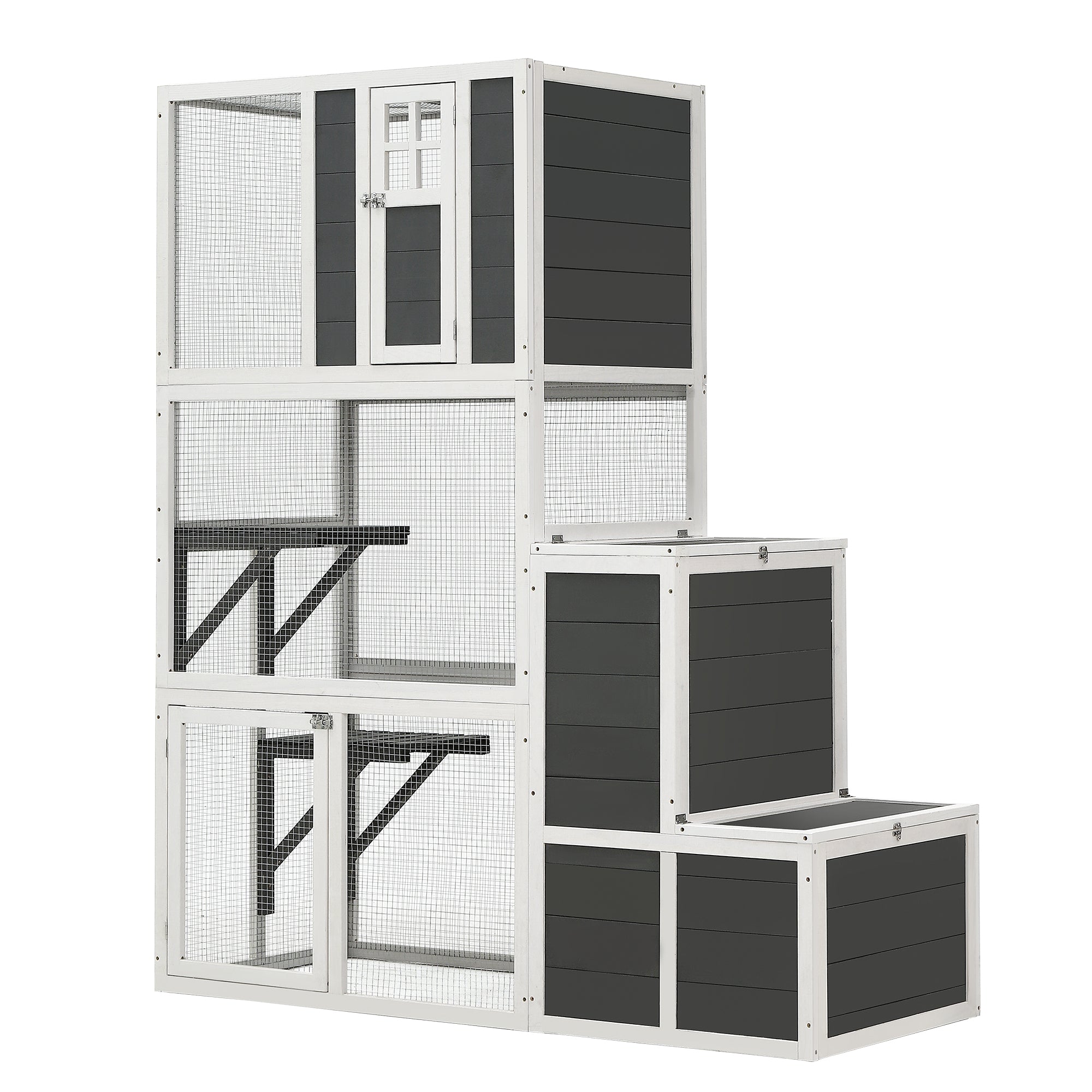 3-Tier Wooden Outdoor & Indoor Cat House Suitable For 1-3 Cats Cat Enclosure Resting Box With 4 Platforms And 2 Doors Cat Shelter Kitty House With A Jump Box For Hiding And Resting Cat Cage 71"H-Gray