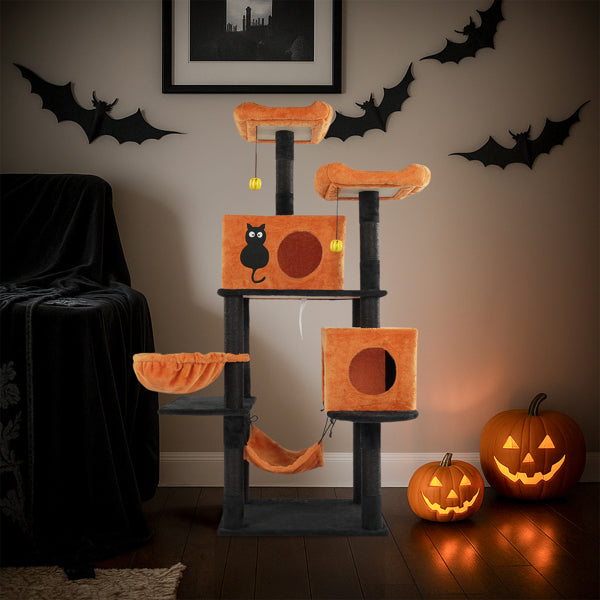 Halloween Cat Tree, Large Cat Tower With 2 Spacious Cat Condos, 2 Padded Perches, 2 Hammocks, Scratching Posts, Hanging Toy, Multi-level Cat Activities Furniture For Large Cats, Orange & Black - Image 11