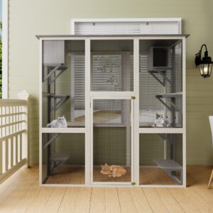 Alternative view of Gray Wooden Outdoor Catio Cat Enclosure With Weatherproof Asphalt Roof, Large Walk-in Cat House With 6 Platforms & 2 Napping Boxes, Solid Wood Cat Cage Kennel Condo Playpen For Patio