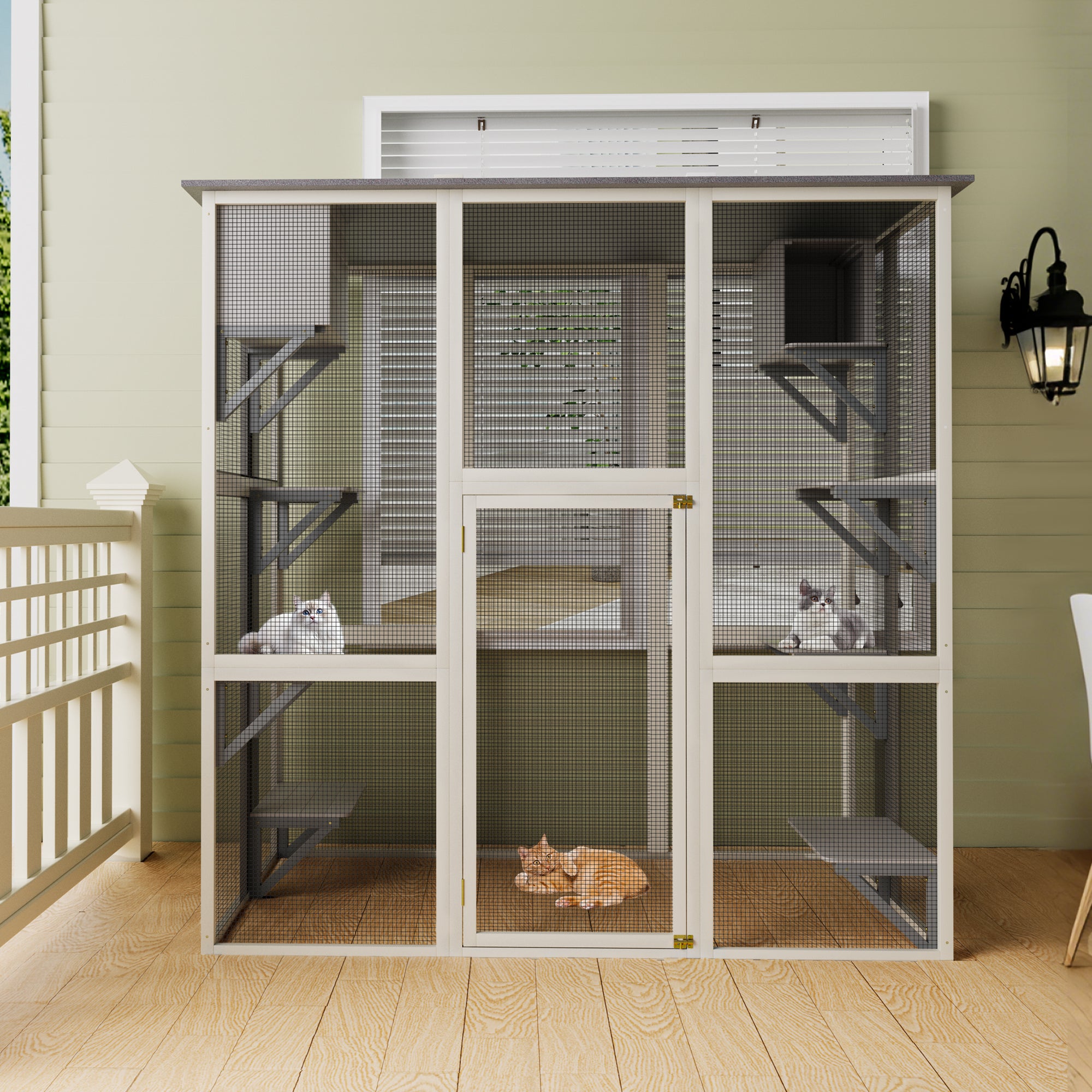 Gray Wooden Outdoor Catio Cat Enclosure With Weatherproof Asphalt Roof, Large Walk-in Cat House With 6 Platforms & 2 Napping Boxes, Solid Wood Cat Cage Kennel Condo Playpen For Patio - Image 2