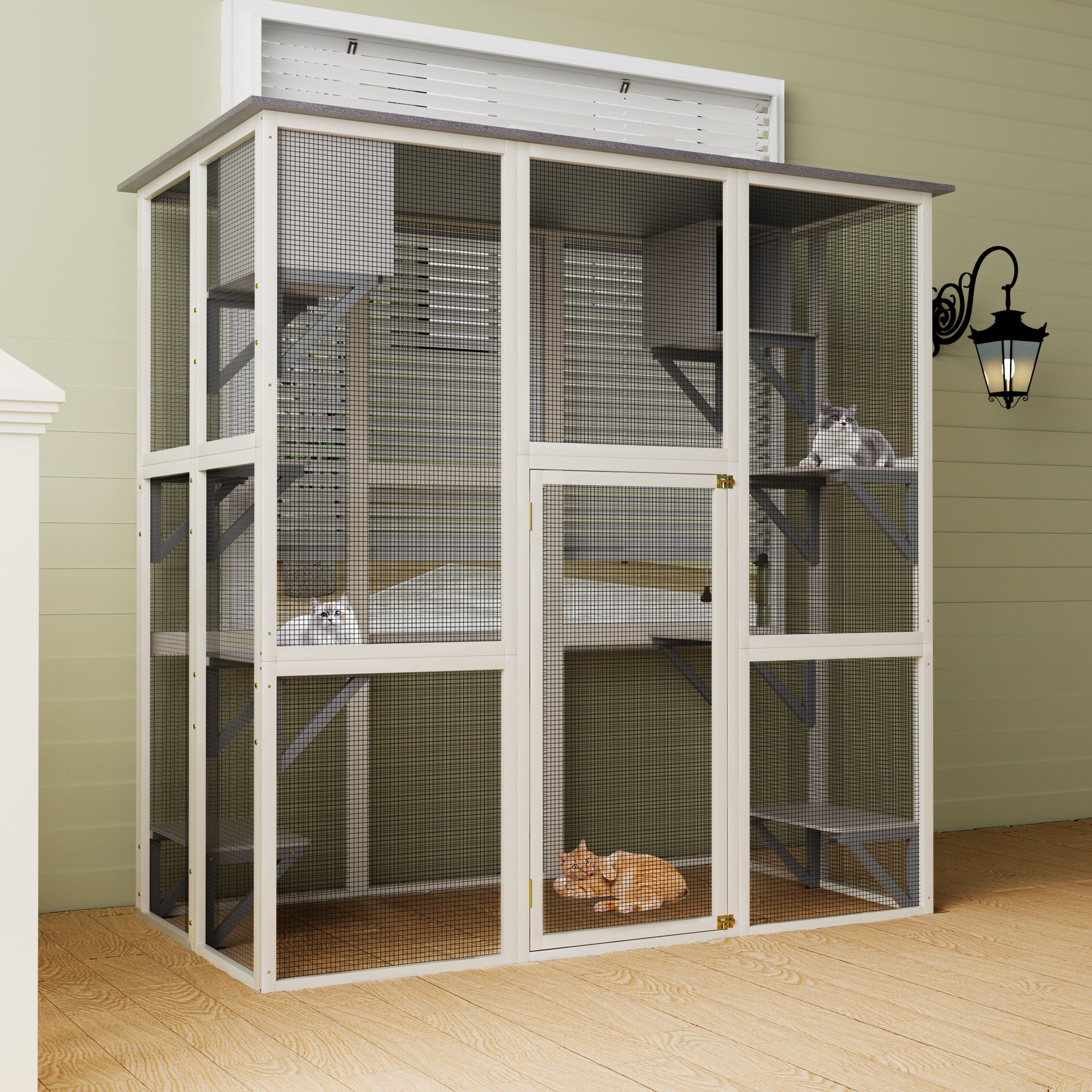 Gray Wooden Outdoor Catio Cat Enclosure With Weatherproof Asphalt Roof, Large Walk-in Cat House With 6 Platforms & 2 Napping Boxes, Solid Wood Cat Cage Kennel Condo Playpen For Patio - Image 3