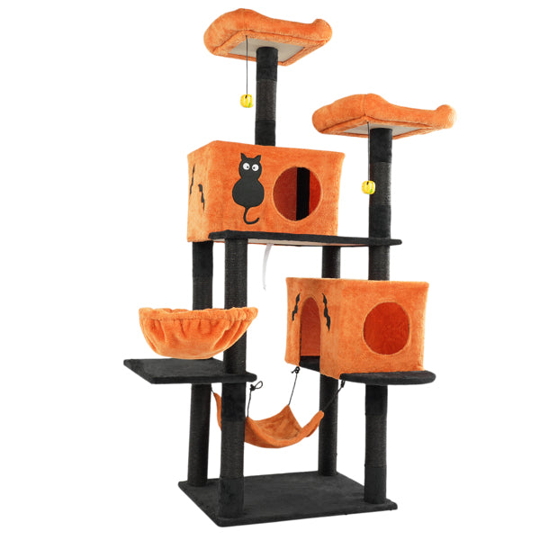 Halloween Cat Tree, Large Cat Tower With 2 Spacious Cat Condos, 2 Padded Perches, 2 Hammocks, Scratching Posts, Hanging Toy, Multi-level Cat Activities Furniture For Large Cats, Orange & Black - Image 7