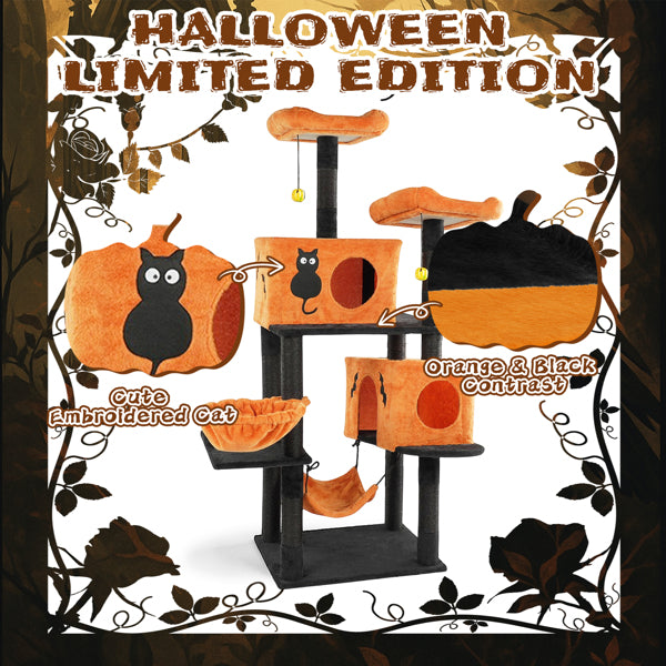 Halloween Cat Tree, Large Cat Tower With 2 Spacious Cat Condos, 2 Padded Perches, 2 Hammocks, Scratching Posts, Hanging Toy, Multi-level Cat Activities Furniture For Large Cats, Orange & Black - Image 5