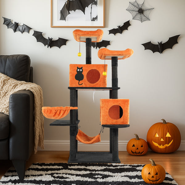 Halloween Cat Tree, Large Cat Tower With 2 Spacious Cat Condos, 2 Padded Perches, 2 Hammocks, Scratching Posts, Hanging Toy, Multi-level Cat Activities Furniture For Large Cats, Orange & Black - Image 8