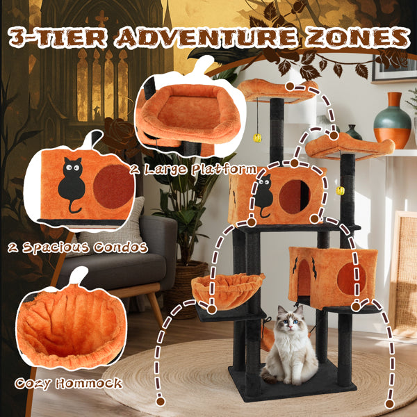 Halloween Cat Tree, Large Cat Tower With 2 Spacious Cat Condos, 2 Padded Perches, 2 Hammocks, Scratching Posts, Hanging Toy, Multi-level Cat Activities Furniture For Large Cats, Orange & Black - Image 2