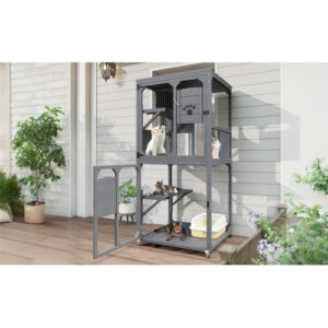Alternative view of Catio Outdoor Cat Enclosure Window Access, 4 Tiers Cat House With Wheels, Resting Box & Waterproof Roof, Indoor Large Cat House Cage, Gray