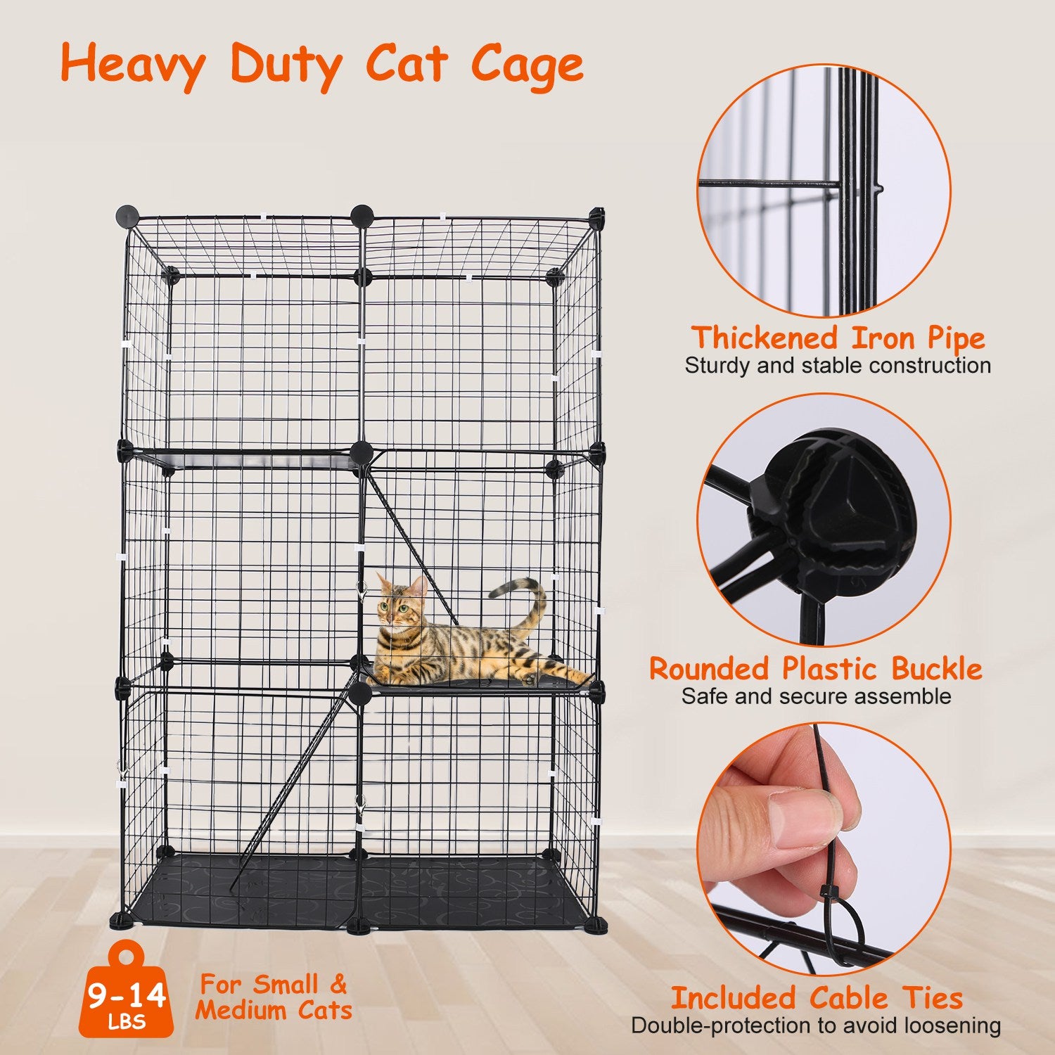 3 Tier Cat Playpen Cage Metal Indoor Cat House Detachable Kitten House With 3 Doors 2 Ladders Large Cat Exercise Place For 1-2 Cats Black - Image 14