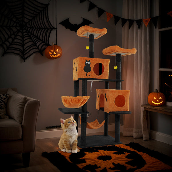 Halloween Cat Tree, Large Cat Tower With 2 Spacious Cat Condos, 2 Padded Perches, 2 Hammocks, Scratching Posts, Hanging Toy, Multi-level Cat Activities Furniture For Large Cats, Orange & Black - Image 12