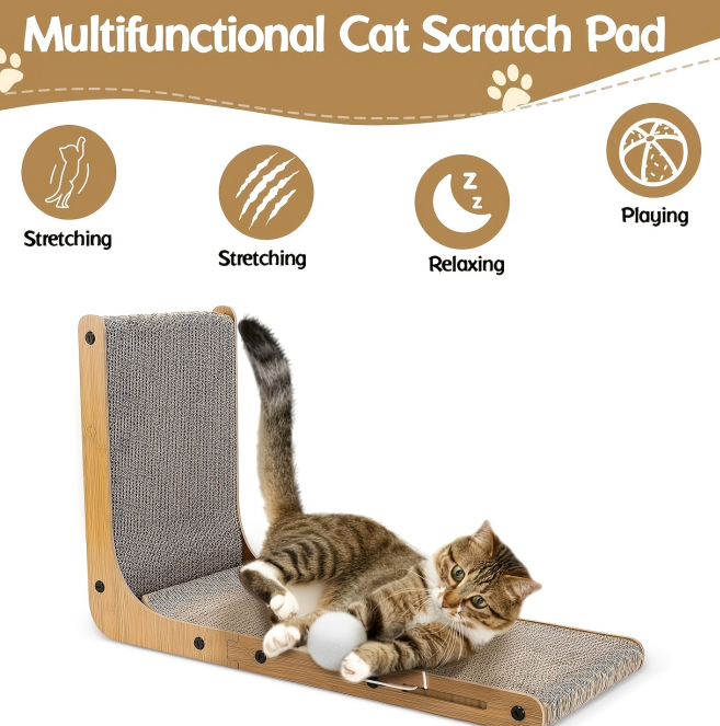 Large Size Cat Scratching Board, 23.6 Inch L Shape Cat Scratching Pad Wall Mounted, Cat Scratching Board With Ball Toy For Indoor Cats To Play - Image 2