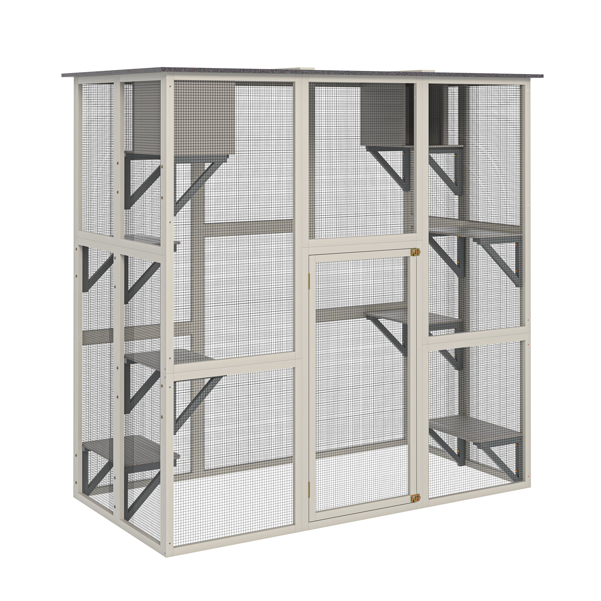 Gray Wooden Outdoor Catio Cat Enclosure With Weatherproof Asphalt Roof, Large Walk-in Cat House With 6 Platforms & 2 Napping Boxes, Solid Wood Cat Cage Kennel Condo Playpen For Patio - Image 9