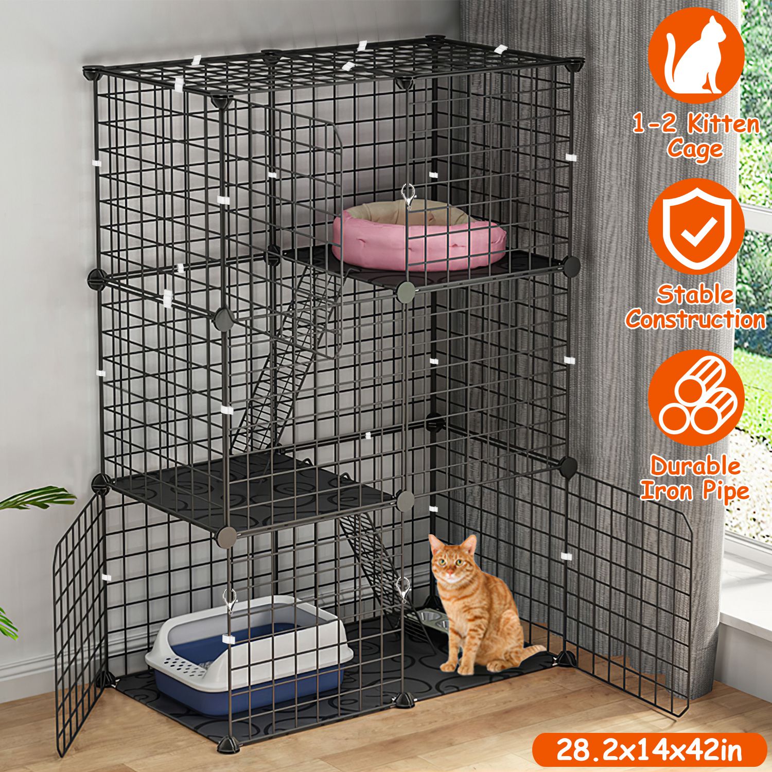 3 Tier Cat Playpen Cage Metal Indoor Cat House Detachable Kitten House With 3 Doors 2 Ladders Large Cat Exercise Place For 1-2 Cats Black - Image 13