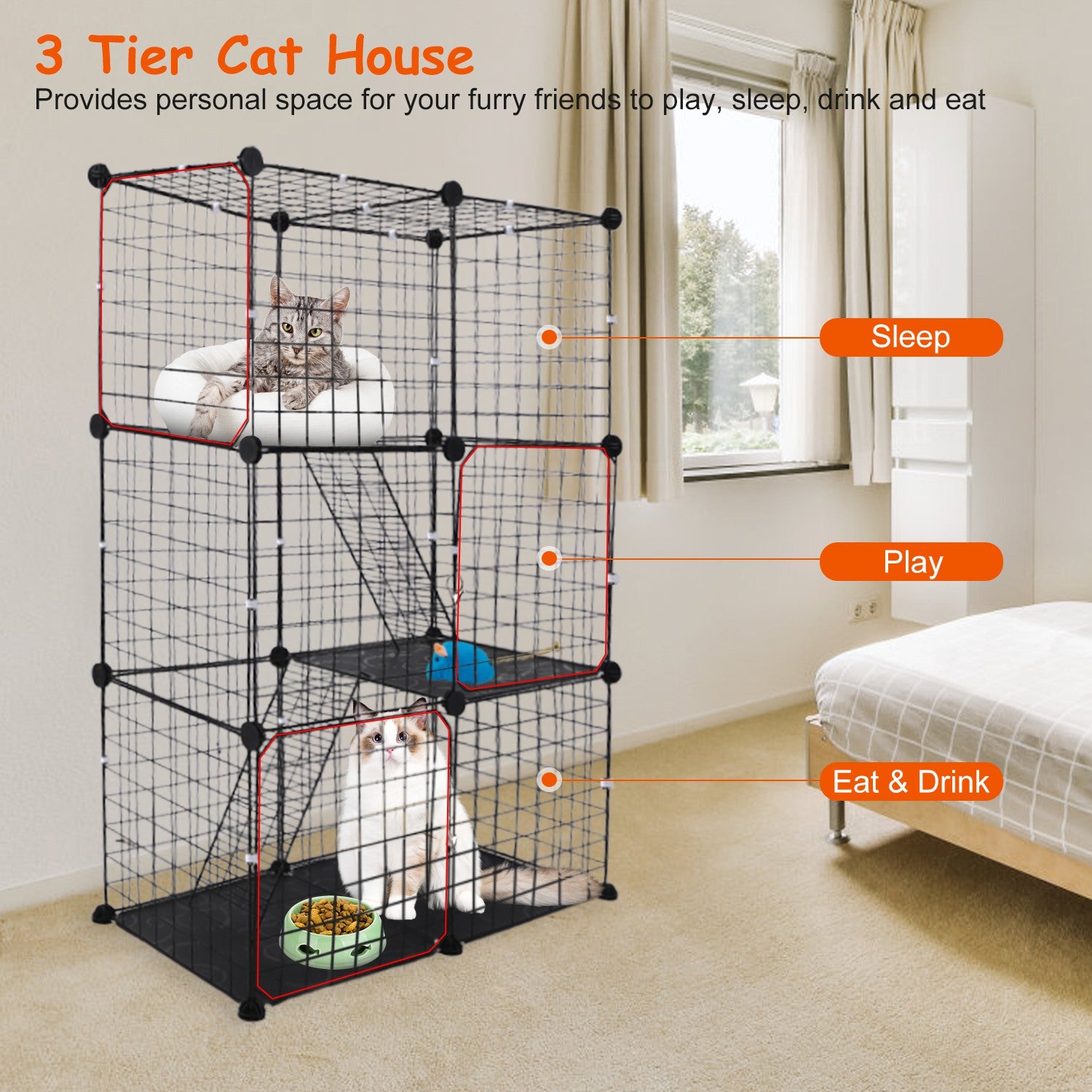 3 Tier Cat Playpen Cage Metal Indoor Cat House Detachable Kitten House With 3 Doors 2 Ladders Large Cat Exercise Place For 1-2 Cats Black - Image 11