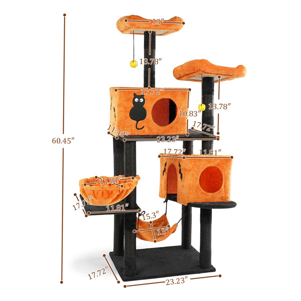 Halloween Cat Tree, Large Cat Tower With 2 Spacious Cat Condos, 2 Padded Perches, 2 Hammocks, Scratching Posts, Hanging Toy, Multi-level Cat Activities Furniture For Large Cats, Orange & Black - Image 6