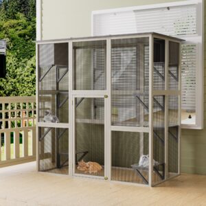 Gray Wooden Outdoor Catio Cat Enclosure With Weatherproof Asphalt Roof, Large Walk-in Cat House With 6 Platforms & 2 Napping Boxes, Solid Wood Cat Cage Kennel Condo Playpen For Patio