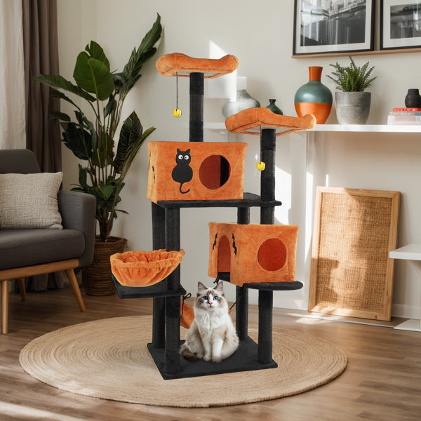 Halloween Cat Tree, Large Cat Tower With 2 Spacious Cat Condos, 2 Padded Perches, 2 Hammocks, Scratching Posts, Hanging Toy, Multi-level Cat Activities Furniture For Large Cats, Orange & Black - Image 4
