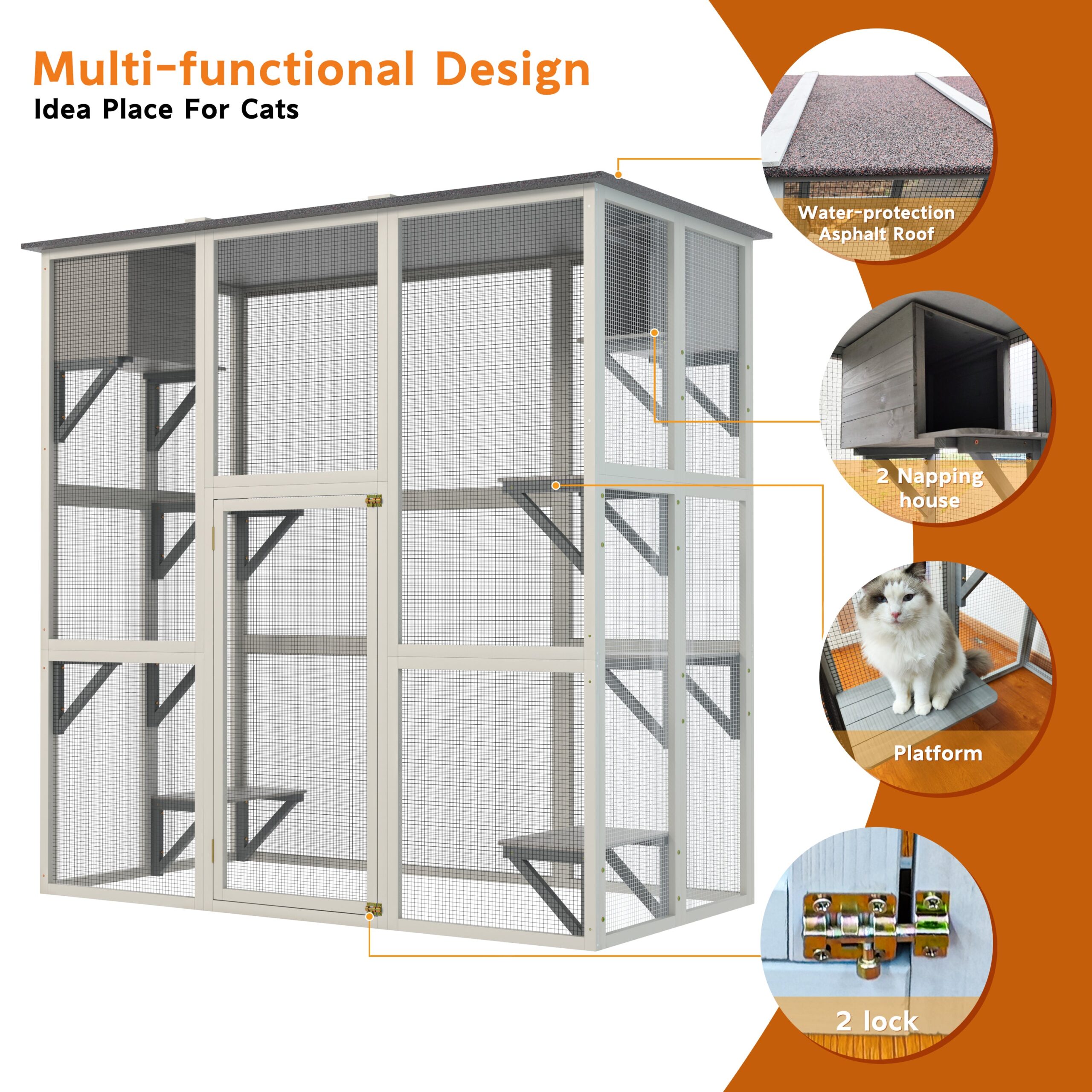 Gray Wooden Outdoor Catio Cat Enclosure With Weatherproof Asphalt Roof, Large Walk-in Cat House With 6 Platforms & 2 Napping Boxes, Solid Wood Cat Cage Kennel Condo Playpen For Patio - Image 4